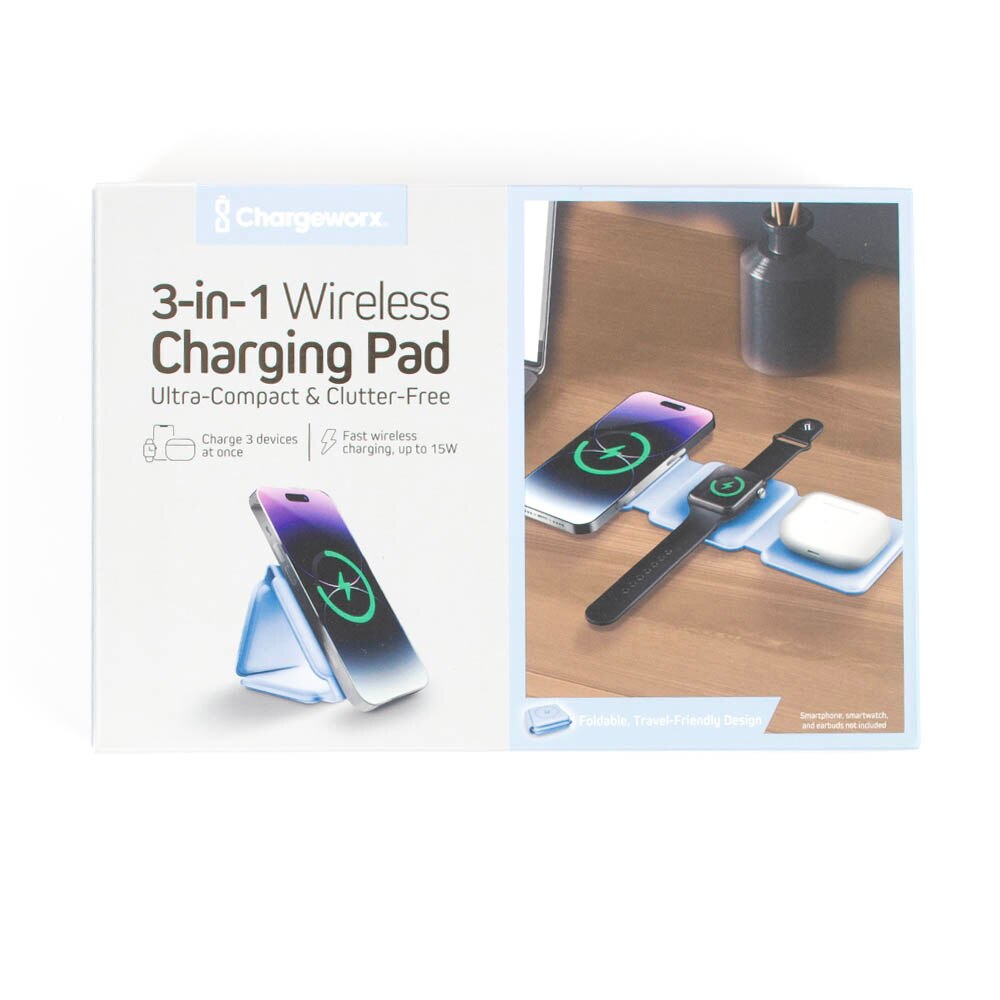 Power Supply/Adapter, Tech, Chargeworx, 3-in-1, Folding, Wireless, Charging pad, 985502, Blue